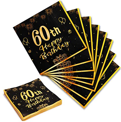 Geburtstag 60 Servietten, 20Stk Schwarze Gold Happy Birthday Servietten 33cm x 33cm Papierservietten für Mann Frau Mädchen Junge Geburtstags Deko Party Supplies Tischdekoration
