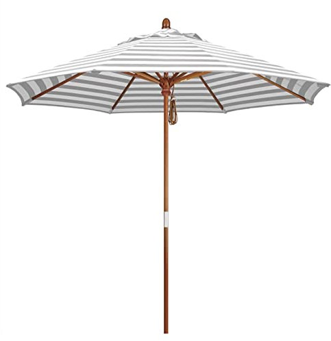 XIAOYUE Groß Garten Sonnenschirm Ø 270 cm, Holz Sonnenschirm mit Seilzug, Grau-weiß Gestreifter Strandschirm mit 3-Gang Position, 8 Rippen & Seilzug Mechanismus, für Rasen, Terrasse, Balkon