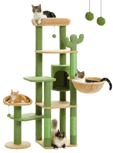 PETEPELA Árbol de Cactus para Gatos de 150 cm, Torre de Varios Niveles para Gatos Grandes, Condominio de Interior Con Hamaca Grande y Poste Rascador