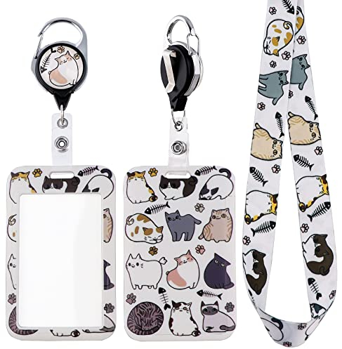 Juanooo Preppy Cats ID Badge Card Holder Lanyard & Retractable Badge Reel Clip Cute Key Lanyard for Women Girls for ID Badges Nurse Keychain Neck Lanyard for Keys Lovely Reel Lanyard