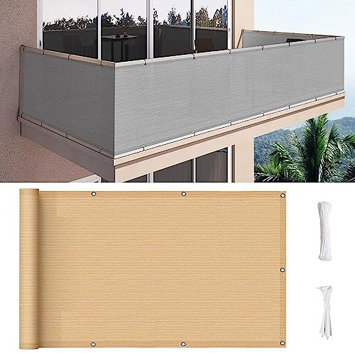 Balkon sichtschutz 75 x 600 cm Windschutz Staubschutz Blickdichte Balkonumspannung mit Ösen und Kabelbinder für Balkongeländer Garten, Beige