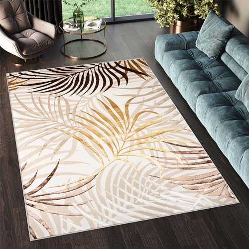 TAPISO Golden Teppich Kurzflor Wohnzimmer Schlafzimmer Luxuriös Creme Braun Gold Blätter Meliert Verwischt Modern Design ÖKOTEX 120 x 170 cm