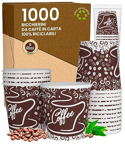 Eurocali 1000 Bicchierini in Carta da caffè 65ml BrownCoffeeCUP - Bicchieri Ecologici Biodegradabili Monouso Piccoli Asporto Bevande Calde