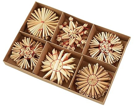 LIBOOI 24 Pcs Handmade Straw Ornaments - Angel, Snowflake, Snowman - Swedish Tradition Woven Hanging Pendants for Christmas Tree
