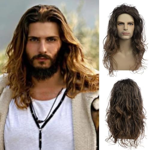 Qnbiar Lange lockige Haare wellige braune Perücke für Männer Synthetische natürliche Party Halloween Cosplay Haar Perücke