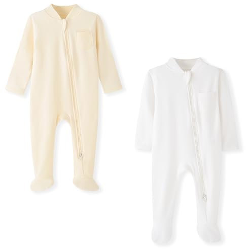 BINIDUCKLING Baby-Schlafanzug für Jungen und Mädchen, Doppelreißverschluss, Zwei-Wege-Reißverschluss, Baby-Fuß-Pyjama mit Fäustlingbündchen, langärmeliger Einteiler für Babys, Neugeborene bis 12