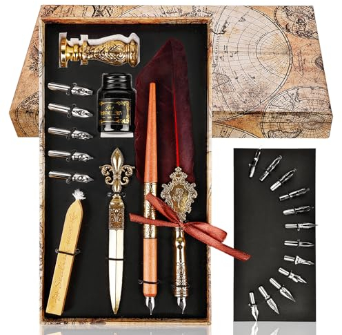 Schreibfeder Kalligraphie Feder, Vintage Federkiel und Tinte Set, Handgemachte Dip Pen, Schreibfeder mit Tintenfass, Feder Kalligraphie Stift für Anfänger, Calligraphy Set für Schreibwaren Geschenk