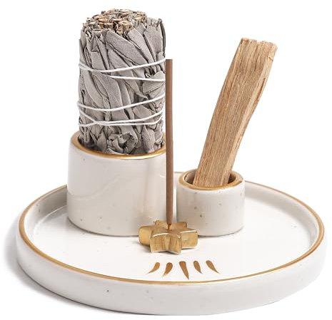 Quemador de incienso 4 en 1, soporte de incienso de cerámica para palos, soporte de salvia para quemar, soporte para palo, portavelas, bandeja colectora de cenizas 4 en 1 para meditación, yoga