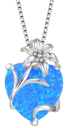 YL Opal Herz Halskette 925 Sterling Silber Lilie Anhänger Kette Blau Opal Schmuck Geschenke für Damen Mutter Freundin