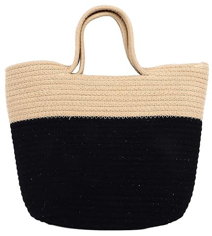 Sac De Plage De Voyage Sac Tissé à la Main en Paille Tressée Couleur Contrastée élégante Poignée Souple Sac De Paille De Grande Capacité pour Le Shopping sur la Plage Voyage