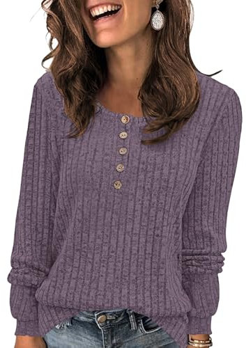 WNEEDU Maglione Donna Leggero Casual Pullover Maglia Manica Lunga Loose Girocollo Felpa Sweatshirt Invernali Autunno Lavorato Primavera con Bottoni Viola L