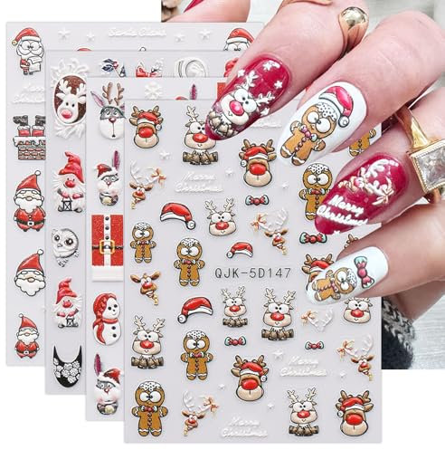 JMEOWIO 3D Embossed Christmas Nail Art Stickers Decals Self-Adhesive 5D Snowflake Xmas Winter Holiday Cute Nail Supplies Nail Art Design Decoration Accessories 4 Sheets