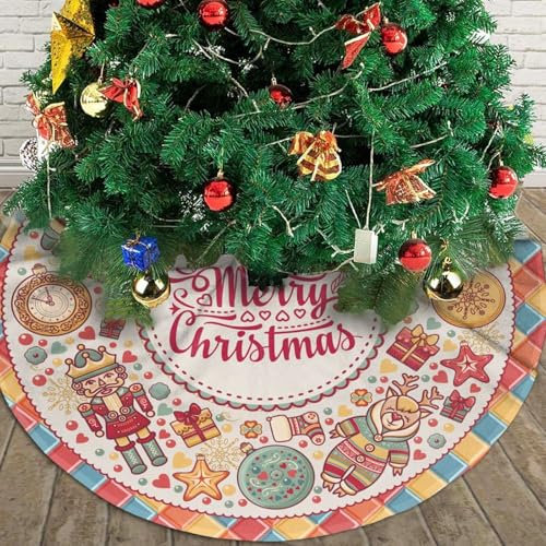 Christmas Santa Claus Deer Nutcracker Tree Skirt Holiday Party Traditional Xmas Tree Mat Ornaments Tree Skirt for Christmas Decoration 36 Inch