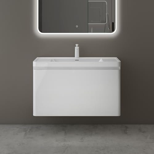 Mai & Mai Meuble de Salle de Bain Suspendu 90x48x50cm avec Tiroir et Lavabo Meuble sous Lavabo Blanc Ancona