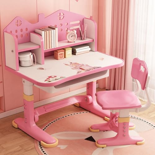Kids Functional Desk and Chair Set, Ergonomic Height Adjustable Children School Study Desk with Large Desktop, Book Stand, Bookself, Metal Hook and Storage Drawer for Boys Girls Xmas Birthday Gifts P