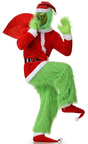 Ulikey Natale Mostro Verde Costume, 10 Pezzi Costume da Verde Babbo Natale per Uomo Set, Abito da Verde Santa Claus Deluxe per Adulto per Cosplay Festa di Natale (XL)