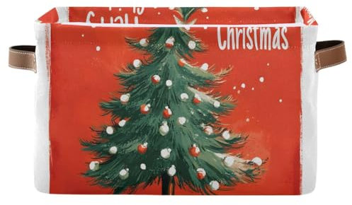 Storage Basket Christmas Tree with Light Balls Red Background Canvas Collapsible Box Organizer Bin with Handles