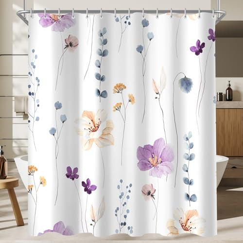 Lerores Duschvorhang 180x200 cm Lila Blume,Beschwerter Saum Antischimmel,Wasserabweisend, Waschbar Polyester Badevorhänge mit 12 Ösen und Duschvorhangringe für Badezimmer,Badewanne