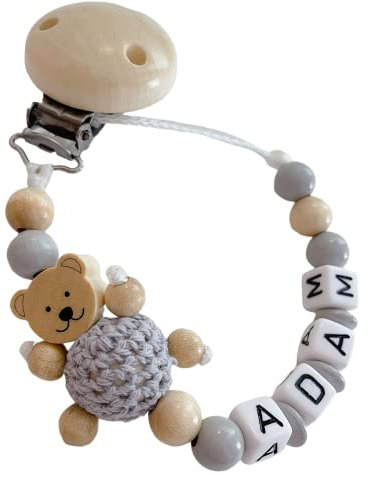 Schnullerband mit Namen für Mädchen & Jungen personalisierte Baby Geschenke (Grau Teddy)