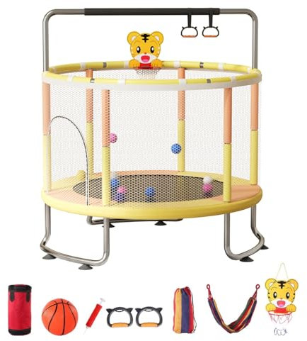 Rutaqian 5FT Kids Trampoline Set with Basketball Hoop & Swing – Adjustable Toddler Trampoline with Enclosure Net, Ocean Balls & Sandbags, 440lbs Capacity for 1+ Year Olds, Indoor/Outdoor Play Set