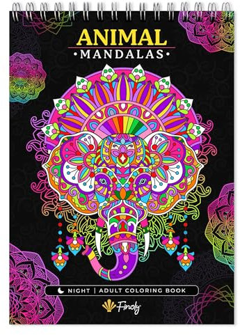 Finoly Mandalas a Colorier Adulte Animaux | Coloriage Mandala Adulte Anti Stress A4 | Cahier de Coloriage Mandala Papier Premium | Livre Coloriage Adulte Mandala Reliure Spiral (Nuit)