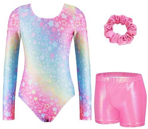 Arshiner Turnanzug Mädchen Langarm Gymnastikanzug Turnbody Hose Haarband | Kinder Akrobatik Anzug,Elastisch,Glitzernde,Ballett Leotard,Tanztrikot,Unitard,3-10Jahre