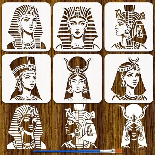 FINGERINSPIRE 6 Stück Malschablone Mit Ägyptischer Göttin Und Pinsel 20x20cm Große Malschablone Mit Ägyptischer Frau Ägypten Motive Schablonen Aus Kunststoff Malvorlagen Für DIY Wandkunst Stoffdruck