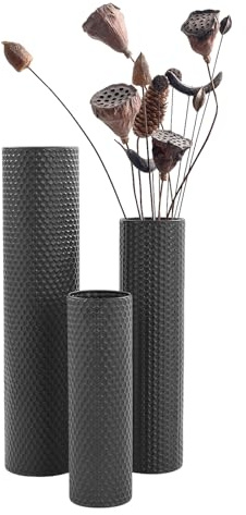 Bodenvase Set 3er, Metallvase mit Waben Textur, 70/55/40 cm, Schwarz | Spritzgegossenes Eisen, große Öffnungen, runde Kanten, passt zu Kunstblumen & Zweigen; für Flur, Schlafzimmer, Büro