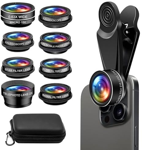 10-in-1 Objektiv für Handy, Handy Kamera Objektiv Kit mit 198 Grad Fischaugenobjektiv 0,63× Weitwinkel 15X Makroobjektiv Teleobjektiv Sternfilter Kaleidoskop CPL für Smartphone und iPhone
