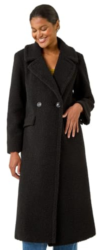 Roman Originals Borg Single Breasted Coat for Women UK - Ladies Everyday Autumn Winter Collar & Revere Comfy Soft Evening Vacation Work Party Night Out - Black - Size 14