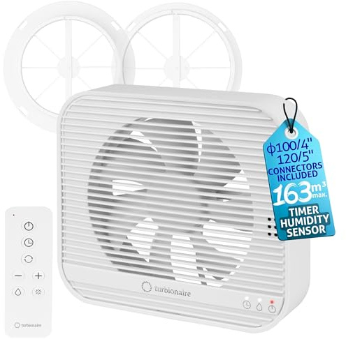 Turbionaire Axio 1012 HTR Extractor de baño, Sensor de humedad, 8 velocidades, Temporizador, Mando a distancia, Conexiones y válvula antirretorno de 100 mm/120 mm incluidas, 9.2W, 161 m³/h, Blanco