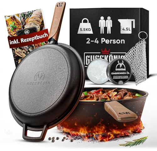 GUSSKÖNIG Dutch Oven - 2in1 Eingebrannter Gusseisen Topf 3L & Gusspfanne 1,5L-Cast Iron Pot mit Schmortopf Doppelfunktion - Ringreiniger, Pflegepaste, Echtleder Griffen, Rezeptbuch - 30 Jahre Garantie