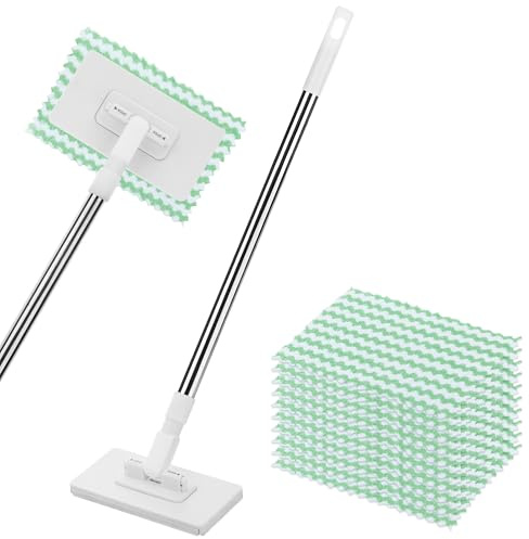 Disposables Dust Mop With 10 Reusable Cloths, Mini Floor Mop with Automatic Cloth Changing & 360° Rotating Head, Wet and Dry Click Mops for Floor Wall Bathroom Kitchen Compatible with Reusable Towels