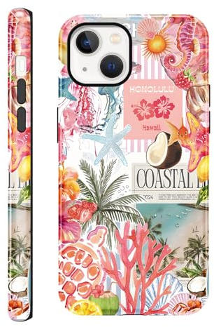 Tivkofk Cute Phone Case for iPhone 13/iPhone 14 6.1'', Summer Pink Coconut Tree and Marine Life Collage Print Aesthetic Case, Shockproof 2-in-1 Double Protective Cover for Women Girls Men