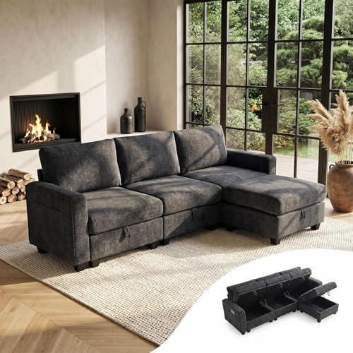 GRAVFORCE Ecksofa mit Stauraum unter jedem Sitz 251cm 3 Sitzer Modulares Sofa mit 1 Hocker Couch Wohnzimmer mit Ablagefächern U-Form Sofa für Wohnung Büro Chenille Dunkelgrau