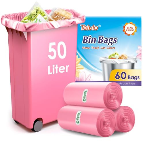 Teivio 50 Liter Large Bin Bags 60 Counts Medium Duty 13 Gallon Waste Bin Liners Thick Plastic Waste Bags for Bathroom, Kitchen, Office, Fit 40-50L Rubbish Bin, Pink