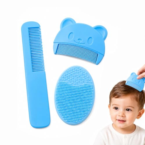 3 PCS Baby Bath Brush Set, Silicone Scalp Massage Brush and Fine Tooth Comb with Bear Design,Cradle Cap Brush for Newborns and Toddlers, Blue