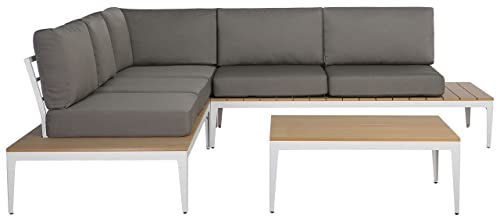Beliani Lounge Set 5-Sitzer Ecksofa mit Couchtisch Holzoptik weiß Auflagen grau Positano