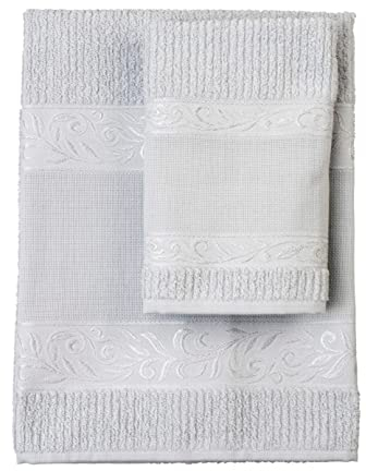 Filet - Gästehandtuch-Set mit Aida-Einsatz zum Besticken, aus 100% Baumwollfrottee, weich und saugfähig, hautfreundlich, 100% Made in Italy, einfarbig, grau