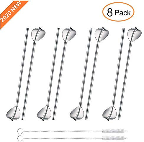 Elitlife 8er Set Edelstahl Trinkhalme löffel, Wiederverwendbare, spülmaschinengeeignete Trink-Löffel, 2 in 1 Strohhalm & Löffel ideal als Latte Macchiato und Cocktail-Löffel, Farbe: Silber (Weiß)