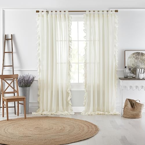 Elrene Home Fashions Bella French Country Cottage Core Tab-Top Ruffle Sheer Window Curtain, 52 in x 84 in (1 Panel), Ivory