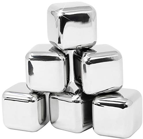 com-four® 6x Edelstahl-Eiswürfel, Premium Whisky-Steine, wiederverwendbare Eiswürfelform, Kühlsteine für Whiskey, Wein, Gin & Tonic-Getränke (6 Stück)