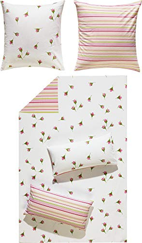 REDBEST Wende-Bettwäsche, Bettbezug, Kissenbezug Flanell Rosen und Streifen rosé Größe 40x80 cm / 135x200 cm - mollig warm, temperaturausgleichend, pflegeleicht, mit Reißverschluss