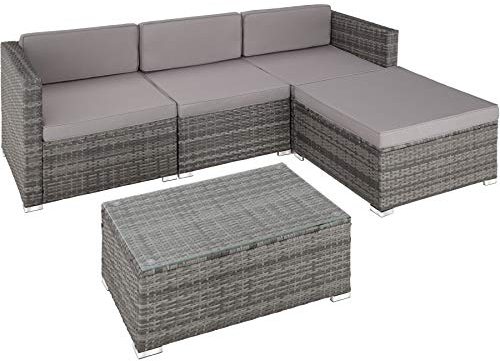 tectake Polyrattan Lounge inkl. Sitzkissen, Rückenkissen und Glastisch, Balkon Möbel, Lounge Gartenmöbel Set für die Terrasse, den Balkon oder den Garten - grau