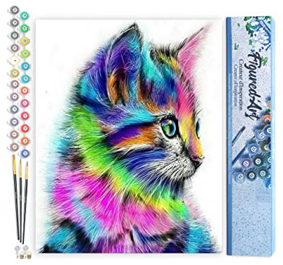 Figured'Art Peinture par Numéro Adulte Chaton coloré - Activité Manuelle Kit de Loisir Créatif DIY Numéro d'Art Complet - 40x50cm sans châssis en bois