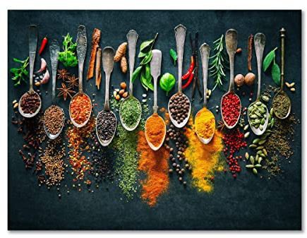 daazoo Leinwandbild Vivid Spices and Spoons | Bild auf Leinwand mit Gewürzen | Querformat | Motiv mit Peperoni Zimt Pfeffer Löffel | Wanddeko Home Kunstdruck | Küche Esszimmer Wohnzimmer | 40 x 30 cm
