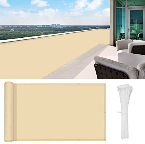 HENG FENG Brise Vue Balcon 90x500cm PES, Pare-Exterieur Cache Occultant pour Terrasse, Résistant à l'eau et aux UV, Sable