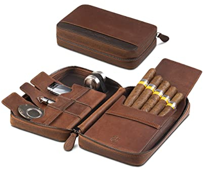Crown & Tiger Zigarren-Etui aus feinstem Echt-Leder - Cigar Travel Case - handgefertigtes Voll-Lederetui für 5 Zigarren Stift und Zigarrenhalter (Tobacco)