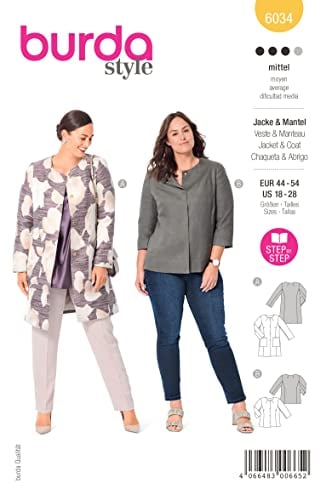 Burda Style Katalog-Schnittmuster Mantel und Jacke mit Druckknöpfen | Damen, Gr. 44-54 | Nählevel: Mittel #6034