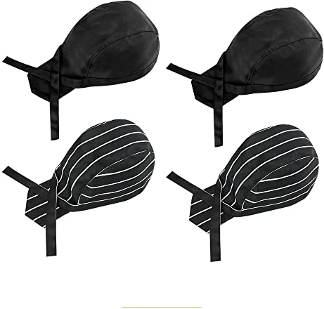 SPEACOUR 4 PCS Toque de Chef en Polycoton 2 Styles Calot Cuisine Unisexe Chapeau Bandana Chef Ajustable Toque de Cuisinier Japonais pour Restaurants, Cuisines, Boulangeries, Cafés (Noir & Rayures)
